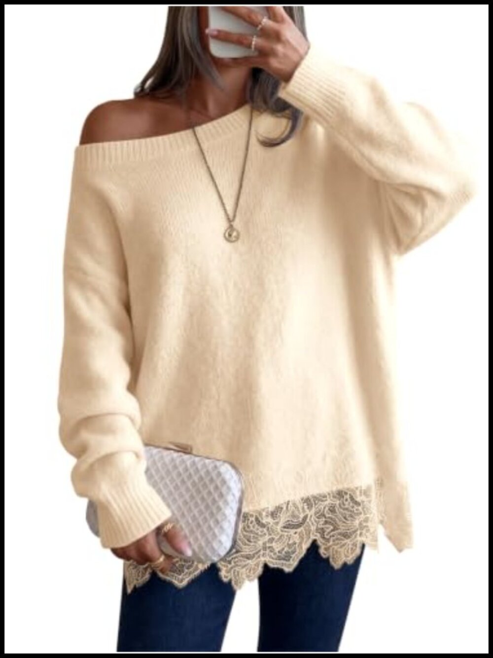 Lace Patchwork Boat Neck Long Sleeve Sweater Women's Soft Knit Pullover